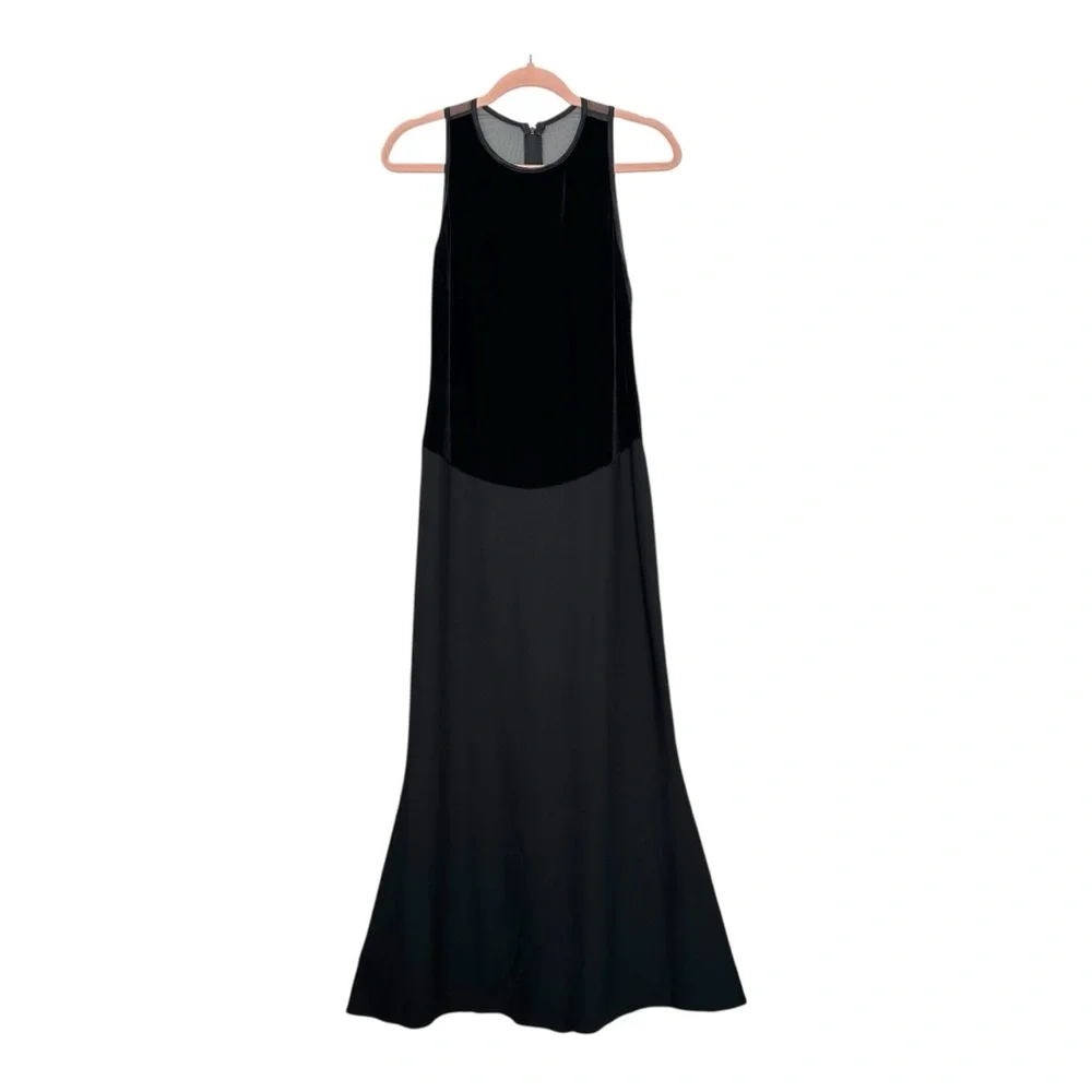 Black Velvet & Mesh Maxi Dress Sheer Back Sleeveless Minimalist Whimsigoth‎ M
